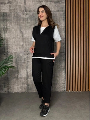 Kadın Kısa Kollu V Yakalı Kapşonlu Viskon Iki Iplik Bluz Ve Pantolon Takım