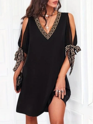 Kadın Kısa Kollu V Yakalı Kısa Sandy Elbise