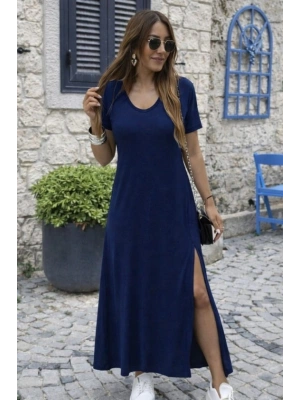 Kadın Kısa Kollu V Yakalı Maksi Boy Viskon Elbise