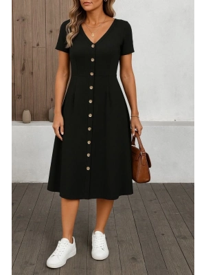 Kadın Kısa Kollu V Yakalı önden Düğmeli A Kesim Dokuma Elbise