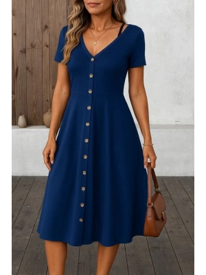 Kadın Kısa Kollu V Yakalı önden Düğmeli A Kesim Dokuma Elbise