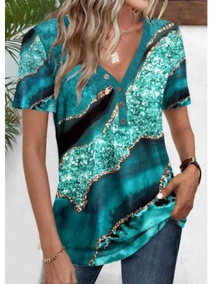 Kadın Kısa Kollu V Yakalı önden Düğmeli Baskılı Süprem Bluz