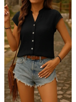Kadın Kısa Kollu V Yakalı önden Düğmeli Müslim Gömlek