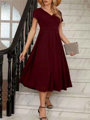 Kadın Kısa Kollu V Yakalı önden Pileli Midi Janjan Krep Elbise