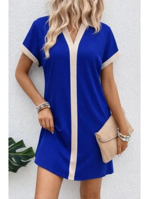 Kadın Kısa Kollu V Yakalı Onden şerit Detaylı Yakalı Kısa Janjan Krep Elbise