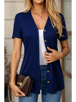 Kadın Kısa Kollu V Yakalı önü Düğmeli Viskon Bluz