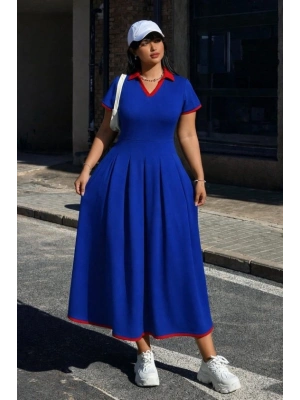 Kadın Kısa Kollu V Yakalı Pileli Uzun Janjan Krep Elbise