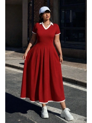 Kadın Kısa Kollu V Yakalı Pileli Uzun Janjan Krep Elbise