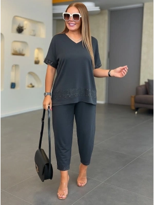 Kadın Kısa Kollu V Yakalı Pul Payetli Viskon Iki Iplik Bluz Ve Pantolon Ikili Takım