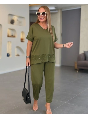 Kadın Kısa Kollu V Yakalı Pul Payetli Viskon Iki Iplik Bluz Ve Pantolon Ikili Takım