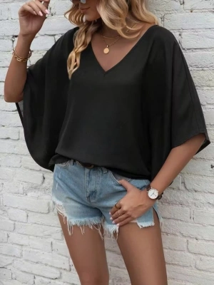 Kadın Kısa Kollu V Yakalı Salaş Viskon Bluz