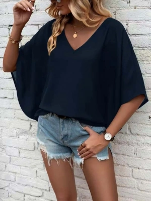 Kadın Kısa Kollu V Yakalı Salaş Viskon Bluz