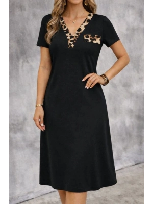 Kadın Kısa Kollu V Yakalı Süs Cep Detaylı Midi Viskon Elbise