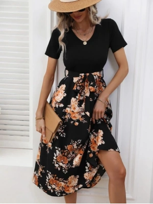 Kadın Kısa Kollu V Yakalı üst Viskon Alt Süprem Midi Elbise