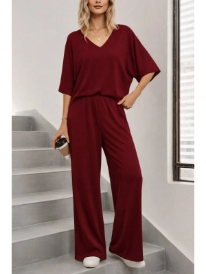 Kadın Kısa Kollu V Yakalı Viskon Bluz Ve Pantolon Ikili Takım