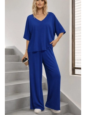 Kadın Kısa Kollu V Yakalı Viskon Bluz Ve Pantolon Ikili Takım