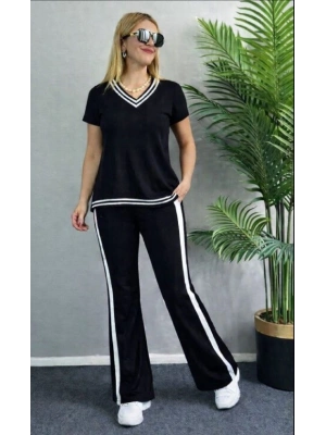 Kadın Kısa Kollu V Yakalı Viskon Iki Iplik Bluz Ve Pantolon Ikili Takım