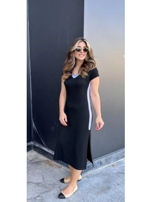 Kadın Kısa Kollu V Yakalı Yandan şerit Ve Yırtmaçlı Viskon Uzun Elbise