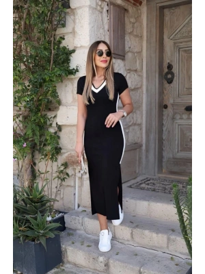 Kadın Kısa Kollu V Yakalı Yandan şerit Ve Yırtmaçlı Viskon Uzun Elbise