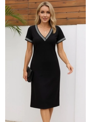 Kadın Kısa Kollu V Yakalı Yanlardan Yırtmaç Ve Düğmeli Viskon Iki Iplik Elbise