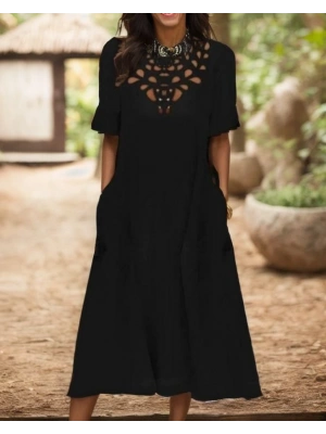 Kadın Kısa Kollu Yaka Lazer Kesim Midi Boy Pegasus Kumaş Elbise