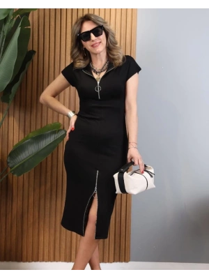 Kadın Kısa Kollu Yakadan Ve Eteği Fermuarlı Viskon Iki Iplik Midi Elbise