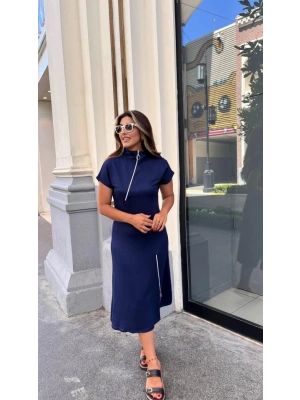 Kadın Kısa Kollu Yakadan Ve Etekten Fermuarlı Midi Viskon Iki Iplik Elbise
