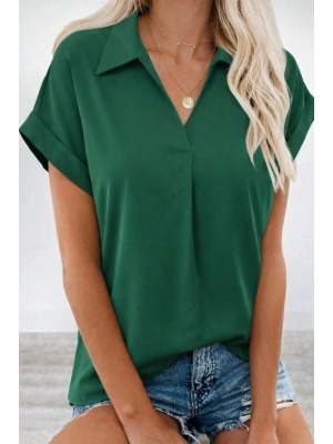 Kadın Kısa Kollu Yakalı Dokuma Viskon Bluz