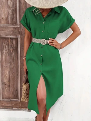 Kadın Kısa Kollu Yakalı Düğme Detay Midi Dokuma Elbise