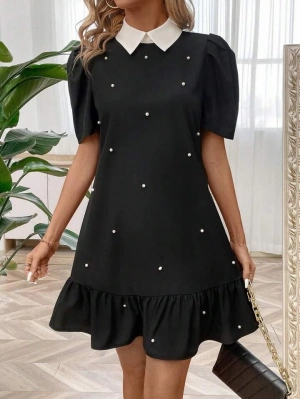 Kadın Kısa Kollu Yakalı Inci Detaylı Kısa Ithal Krep Elbise