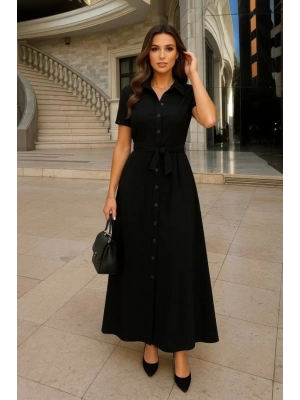 Kadın Kısa Kollu Yakalı önden Düğmeli Beli Kuşaklı Ithal Keten Elbise