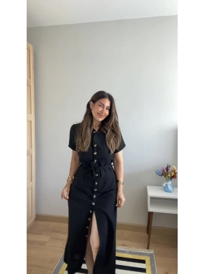 Kadın Kısa Kollu Yakalı önden Düğmeli Beli Kuşaklı Ithal Keten Elbise