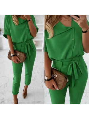 Kadın Kısa Kollu Yakalı önden Düğmeli Bürümcük Bluz Ve Pantolon Ikili Takım