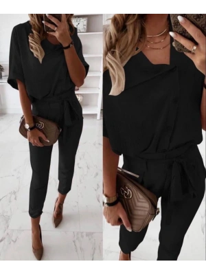 Kadın Kısa Kollu Yakalı önden Düğmeli Bürümcük Bluz Ve Pantolon Ikili Takım