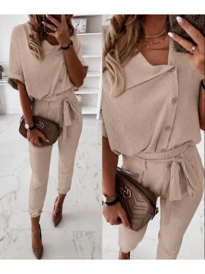 Kadın Kısa Kollu Yakalı önden Düğmeli Bürümcük Bluz Ve Pantolon Ikili Takım