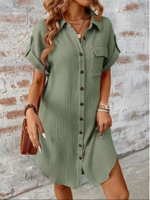 Kadın Kısa Kollu Yakalı önden Düğmeli Bürümcük Kısa Elbise