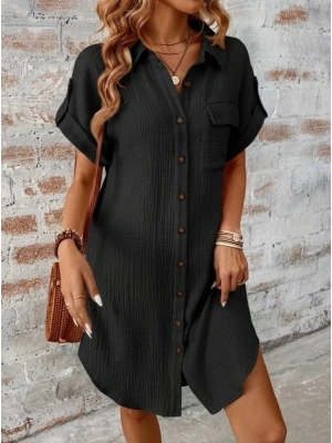 Kadın Kısa Kollu Yakalı önden Düğmeli Bürümcük Kısa Elbise