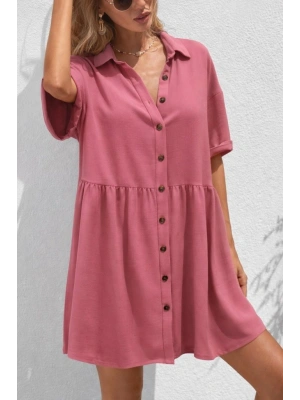 Kadın Kısa Kollu Yakalı önden Düğmeli Kısa Bürümcük Elbise