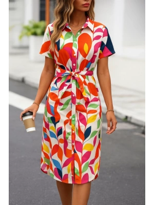 Kadın Kısa Kollu Yakalı önü Düğmeli önden Drapeli Desenli Süprem Elbise