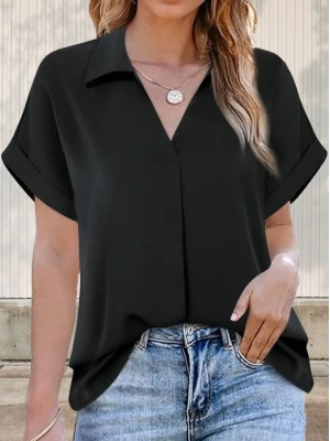 Kadın Kısa Kollu Yakalı Uzun Sandy Bluz