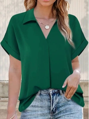 Kadın Kısa Kollu Yakalı Uzun Sandy Bluz