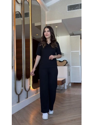Kadın Kısa Kollu Yakalı Viskon Iki Iplik Bluz Ve Pantolon Ikili Takım