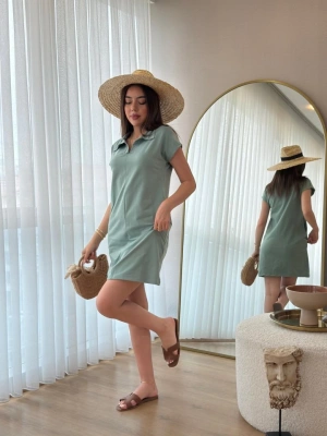 Kadın Kısa Kollu Yakalı Viskon Iki Iplik Elbise