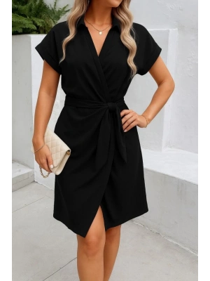 Kadın Kısa Kollu Yakalı Yandan Bağlamalı Dokuma Elbise