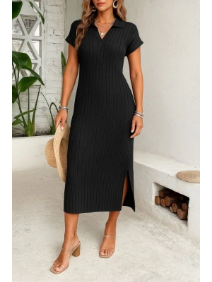 Kadın Kısa Kollu Yakalı Yandan Yırtmaçlı Kalın Fitilli Kaşkorse Elbise