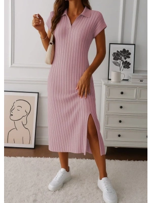 Kadın Kısa Kollu Yakalı Yandan Yırtmaçlı Kalın Fitilli Kaşkorse Elbise