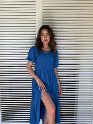 Kadın Kısa Kollu Yakası Açık Katlı Bürümcük Balon Elbise