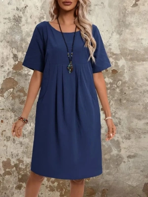 Kadın Kısa Kollu Yakası Açık önden Büzgülü Cep Detaylı Viskon Iki Iplik Elbise