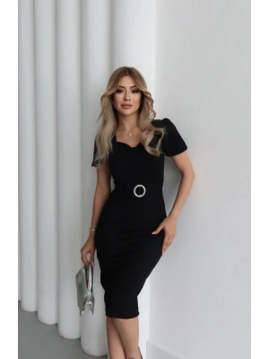 Kadın Kısa Kollu Yakası Açık önden Halka Detaylı Ithal Krep Elbise