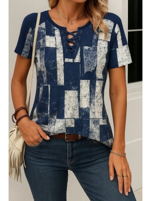 Kadın Kısa Kollu Yakası Bağcıklı Kuş Gözü Detay Süprem Bluz